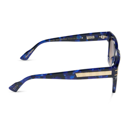 wicked x diff eyewear featuring the prince fiyero square sunglasses with a regal blue tortoise frame and brown gradient lenses side view