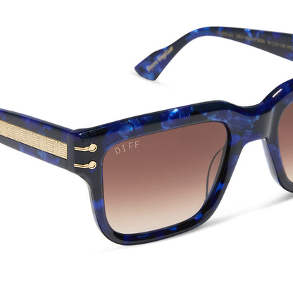 wicked x diff eyewear featuring the prince fiyero square sunglasses with a regal blue tortoise frame and brown gradient lenses detailed view