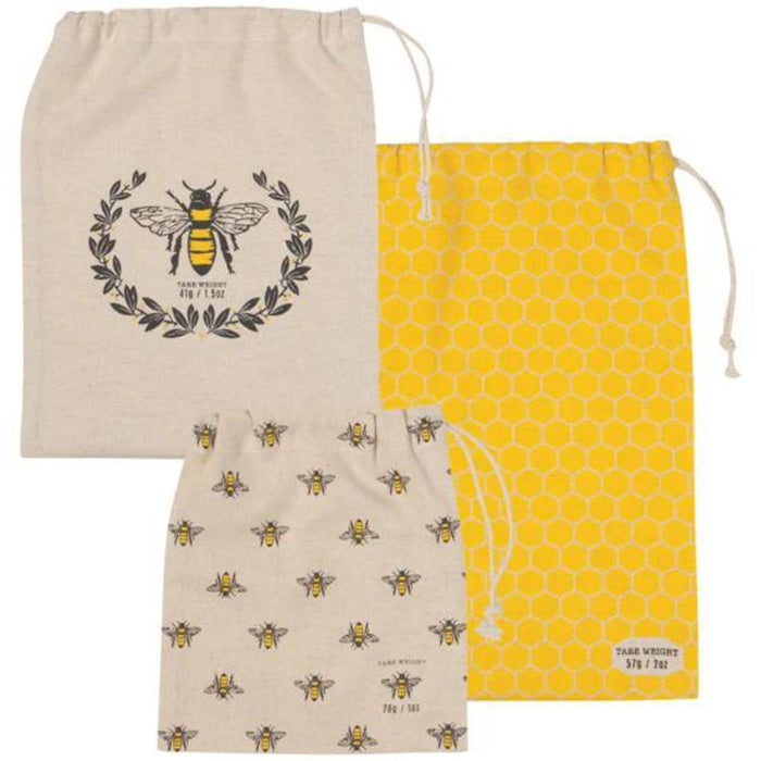 3 cotton draw string bags with different bee designs