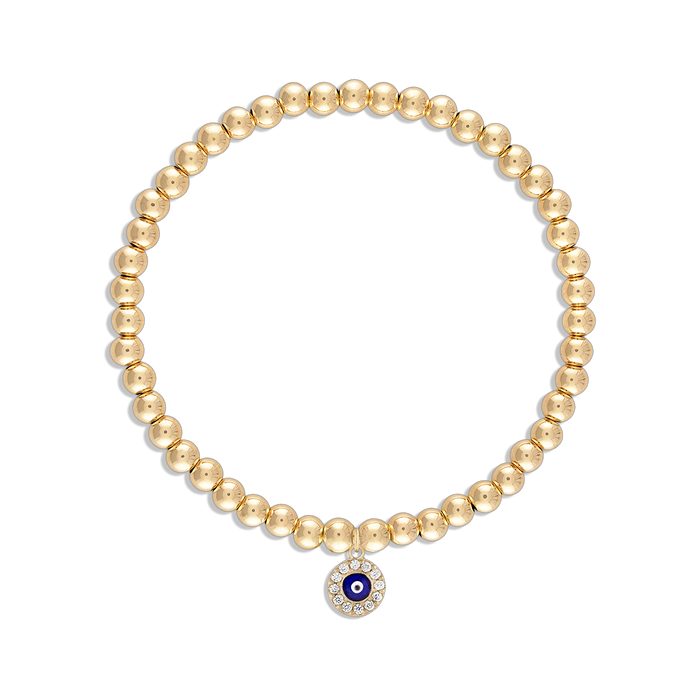 Protection Bracelet - 14k gold filled 4mm ball bracelet with CZ evil eye charm