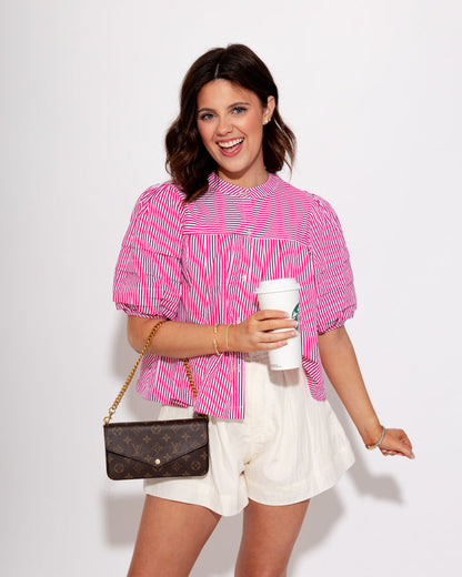 Puff Sleeve Button-Up Top in Hot Pink