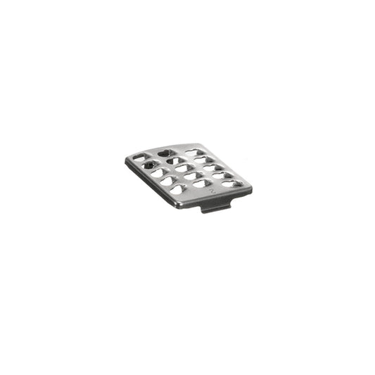 Die Unold Raspelscheibe mittel (Nr.2) für KÜCHENMASCHINE Kompakt 78501 ist eine Reibscheibe aus Metall mit mehreren Löchern und abgerundeten Kanten, abgebildet auf weißem Hintergrund, die für die Lebensmittelzubereitung konzipiert ist.
