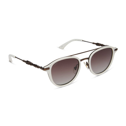 star wars x diff eyewear featuring the rey™ round sunglasses with a off white + bronze frame and brown gradient polarized lenses angled view