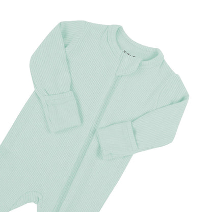 Zipper garage on Kyte Baby Ribbed Zippered Footie in  Sage