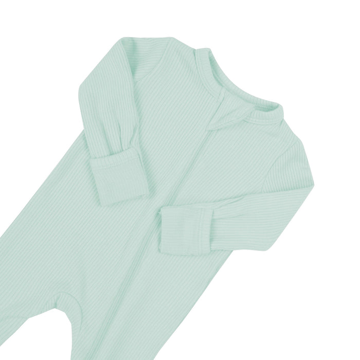 Zipper garage and fold over cuffs on Kyte Baby Ribbed Zippered Romper in Sage