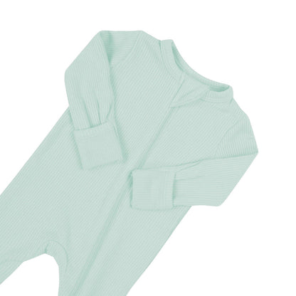 Zipper garage and fold over cuffs on Kyte Baby Ribbed Zippered Romper in Sage