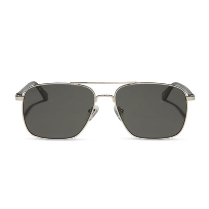 yellowstone x diff eyewear featuring the rip wheeler navigator sunglasses with a silver frame and grey polarized lenses front view