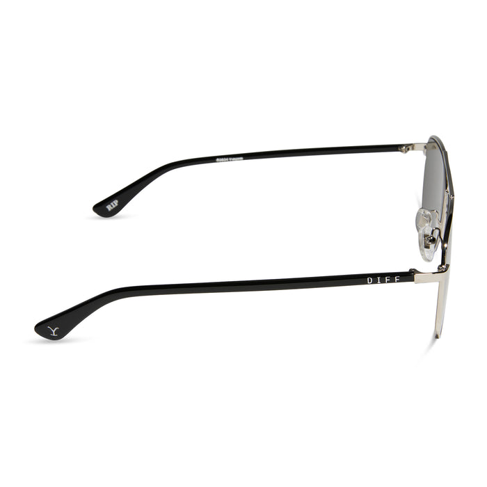 yellowstone x diff eyewear featuring the rip wheeler navigator sunglasses with a silver frame and grey polarized lenses side view