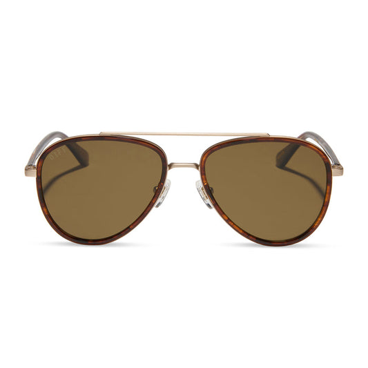 yellowstone x diff eyewear featuring the yellowstone aviator sunglasses with a sequoia tortoise frame and brown polarized lenses front view