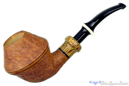 Blue Room Briars is proud to present this Ron Powell Pipe 1/8 Bent Sandblast Rhodesian Sitter with Red Palm Ferrule and Ivorite Stem Insert