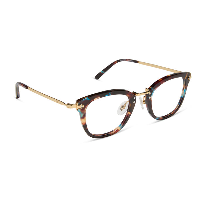 diff eyewear featuring the rue square prescription glasses with a confetti tortoise frame angled view