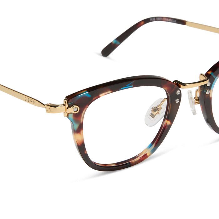 diff eyewear featuring the rue square prescription glasses with a confetti tortoise frame detailed view