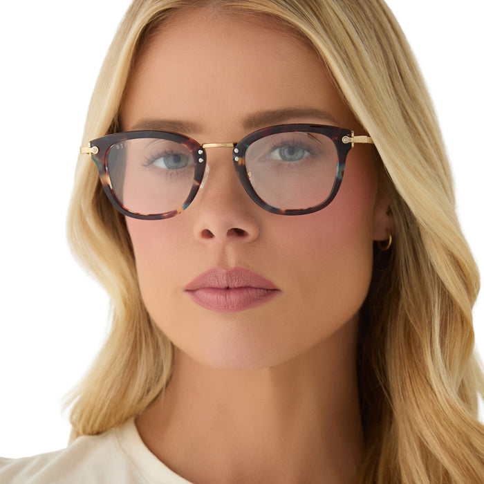 on model - female wearing diff eyewear featuring the rue square prescription glasses with a confetti tortoise frame front view