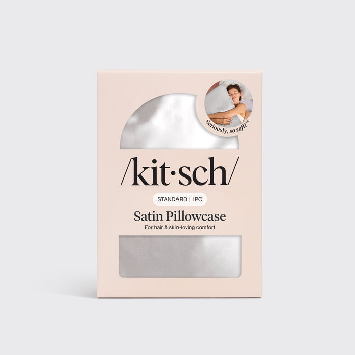 Kitsch Silver Satin Pillowcase folded to highlight the standard size and silver color