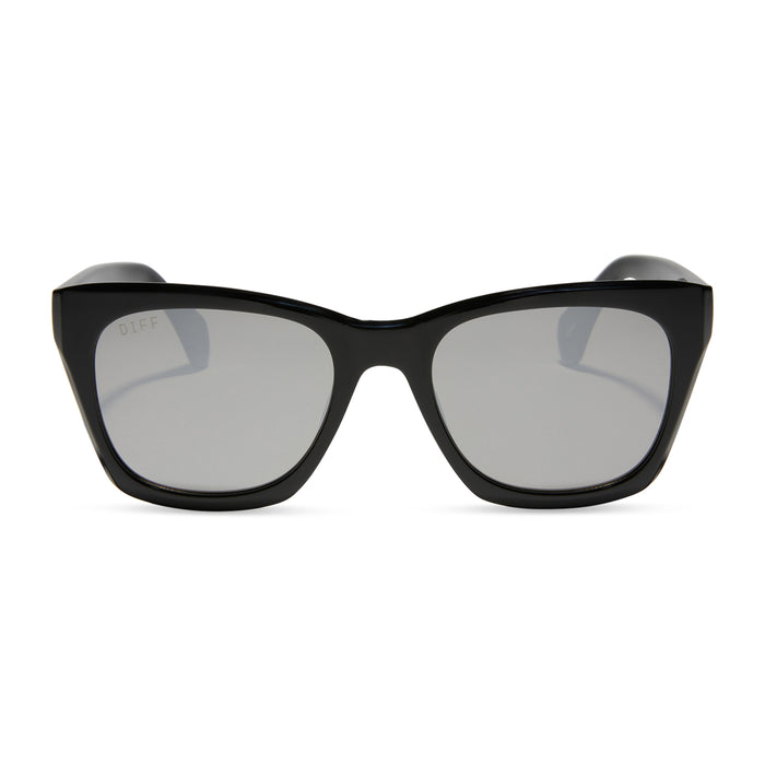 diff eyewear sean square sunglasses with a black frame and grey mirrored lenses front view