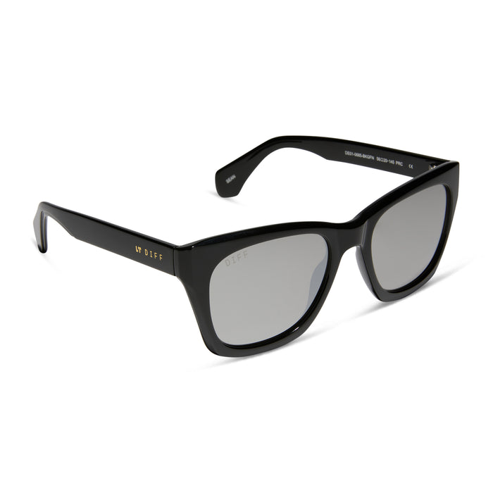 diff eyewear sean square sunglasses with a black frame and grey mirrored lenses angled view