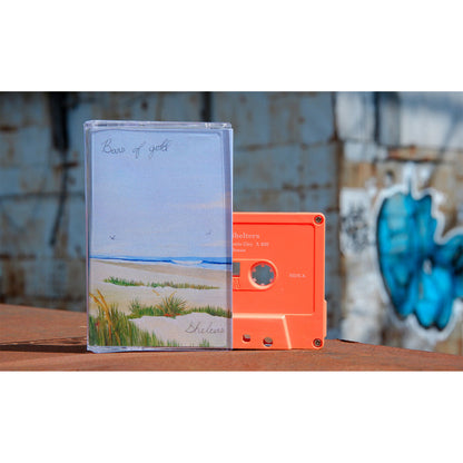 Cassette with album art of a beach with tall grass and birds flying in the sky. There is black cursive font that says BARS OF GOLD in the top left corner. There is an orange cassette next to the cover with text that says BARS OF GOLD and SHELTERS across the top. Both are standing up on top of a rusted surface and there is a graffitied wall in the background.