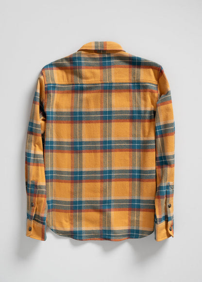 Yellow plaid flannel shirt with blue and red stripes, buttoned cuffs, and a classic collar, displayed on a white background.