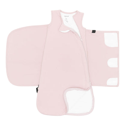Sleep Bag Swaddler in Blush 1.0 unswaddled showing the double zipper on the top and bottom zipper track