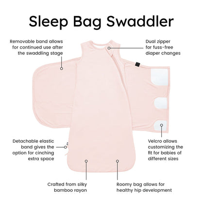 Kyte Baby Sleep Bag Swaddler in Blush with benefits listed