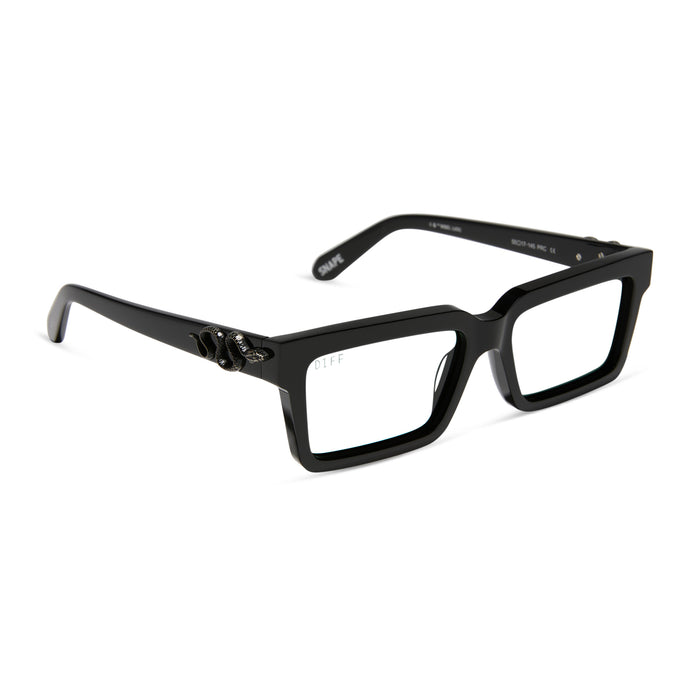 harry potter x diff eyewear featuring professor snape 2.0 square prescription glasses with a shadowy black frame angled view