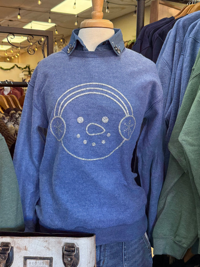 Blue crew sweatshirt with glitter snowman face and dotted details