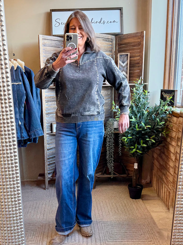 Studded 1/4-zip dark charcoal sweatshirt with metal button trim, long sleeves