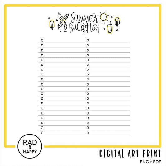 A printable summer bucket list with a check box on each blank line