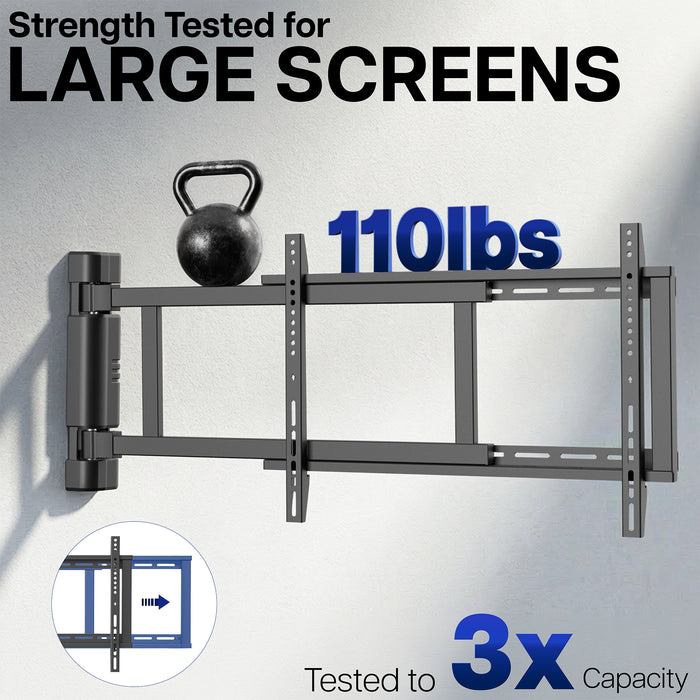 TV wall mount with a kettlebell on top, indicating 110 lbs capacity, on a light gray background.