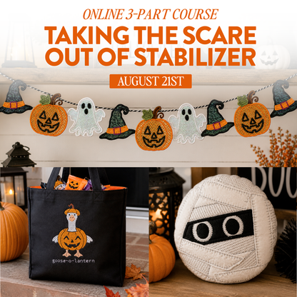 Promotional collage for an online 3-part course titled 'Taking the Scare Out of Stabilizer' on August 21st. The top panel shows a Halloween garland with pumpkins, ghosts, and witch hats.