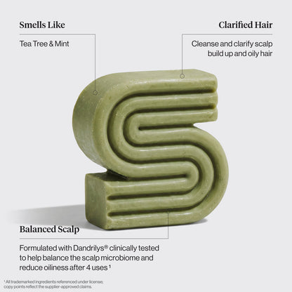 KITSCH Tea Tree & Mint Clarifying Solid Shampoo Bar benefit callout on light gray background — Smells Like: Tea Tree & Mint — Clarified Hair: Cleanses and clarifies scalp buildup and oily hair — Balanced Scalp: Dandrilys® clinically tested to help balance the scalp microbiome and reduce oiliness after 4 uses