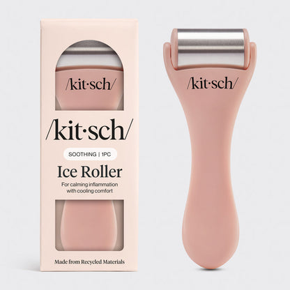 Kitsch Terracotta Ice Roller flat lay showing stainless steel head and terracotta handle