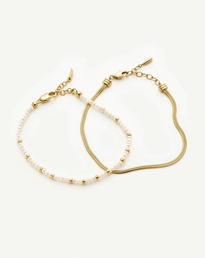 Micro Pearl Beaded & Thin Snake Chain Bracelet Set | 18k Gold Plated/Pearl Bracelets Missoma