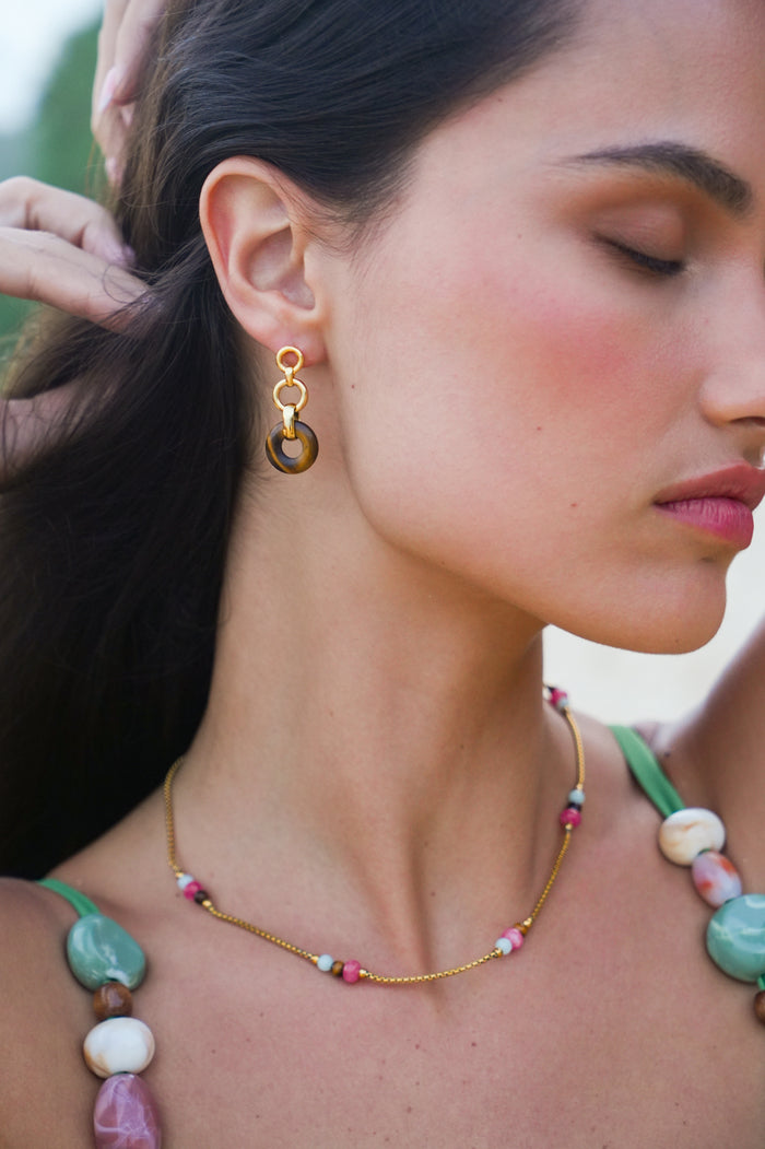 Tigers Eye Graduated Round Link Drop Earrings