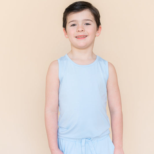 Close up of the Toddler Tank Top in Breeze shown on a young model