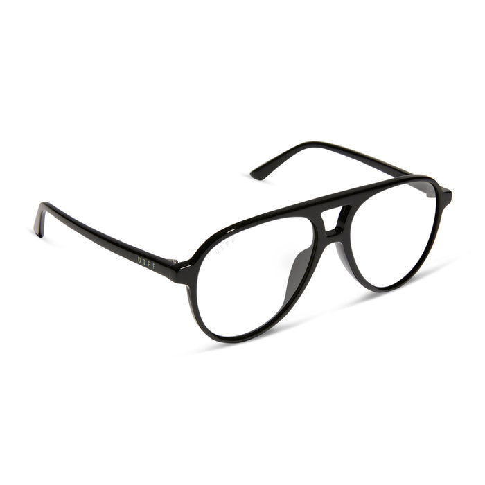 diff eyewear featuring the tosca ii aviator blue light technology glasses with a black frame angled view
