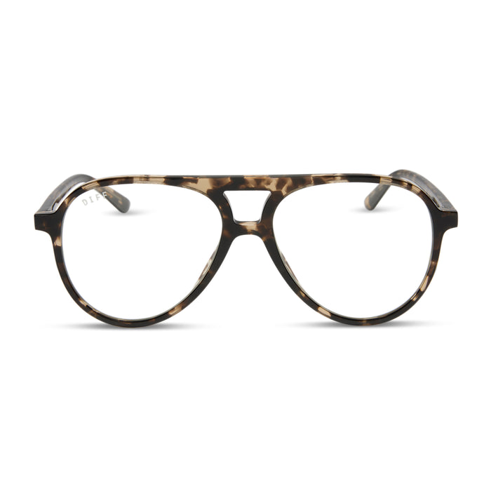 diff eyewear featuring the tosca ii aviator blue light glasses with a espresso tortoise frame front view
