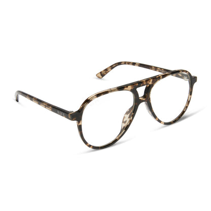 diff eyewear featuring the tosca ii aviator blue light glasses with a espresso tortoise frame angled view