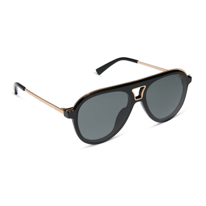 diff eyewear featuring the tosca iii aviator sunglasses with a black frame with gold rim and grey polarized lenses angled view