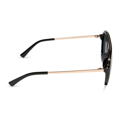 diff eyewear featuring the tosca iii aviator sunglasses with a black frame with gold rim and grey polarized lenses side view