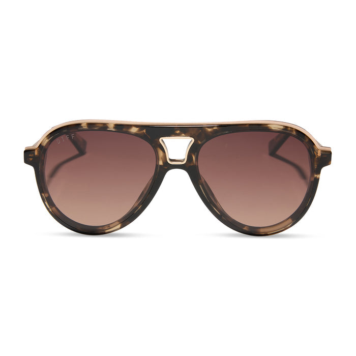 diff eyewear featuring the tosca iii aviator sunglasses with a espresso tortoise frame, gold temple and rim and brown gradient polarized lenses front view
