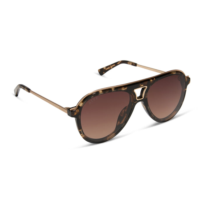 diff eyewear featuring the tosca iii aviator sunglasses with a espresso tortoise frame, gold temple and rim and brown gradient polarized lenses angled view