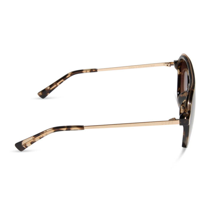 diff eyewear featuring the tosca iii aviator sunglasses with a espresso tortoise frame, gold temple and rim and brown gradient polarized lenses side view