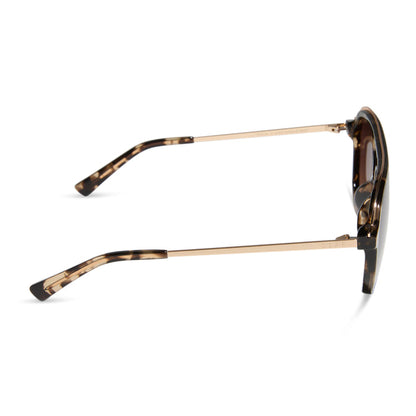 diff eyewear featuring the tosca iii aviator sunglasses with a espresso tortoise frame, gold temple and rim and brown gradient polarized lenses side view