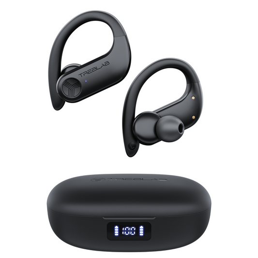 TREBLAB X3-Pro Earbuds Wireless Bluetooth, Earhook IPX5 12H Powerbank | Bluetooth Running Headphones, gaming mode 60ms, wireless charging case, secure earhook, ENC mics, BT 5.3, 9g ultra-light