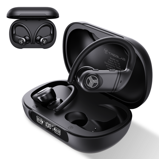 TREBLAB X4 Over the Ear Earbuds Wireless Bluetooth, 11H, IPX5 | Bluetooth Headphones Waterproof IPX5, 2500mAh Powerbank Case, Gaming Mode 60ms, ENC Mic, Sport Hook Fit