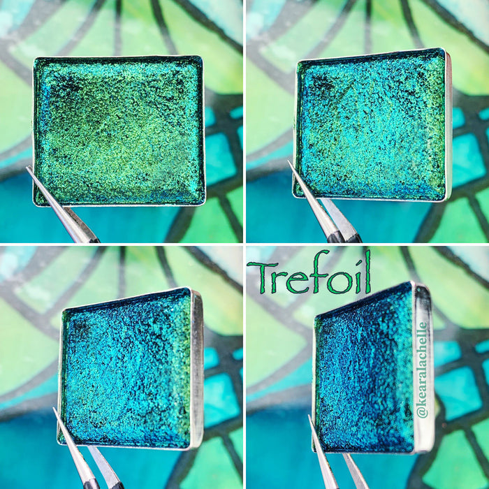 Trefoil Jewelled Multichrome Eyeshadow angle shifts lime-emerald-turquoise-blue