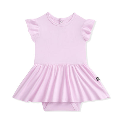Light purple bodysuit dress with ruffled sleeves on a white background