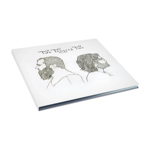 The Two Tongues album "Two" features a white cover with hand-drawn side profiles of two bearded men facing away, illustrated with minimal black lines. This design from the Two Tongues brand reflects the CD's introspective mood.