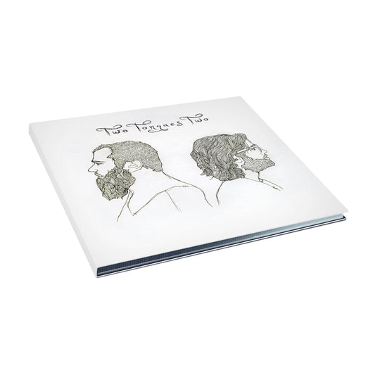 The Two Tongues album "Two" features a white cover with hand-drawn side profiles of two bearded men facing away, illustrated with minimal black lines. This design from the Two Tongues brand reflects the CD's introspective mood.